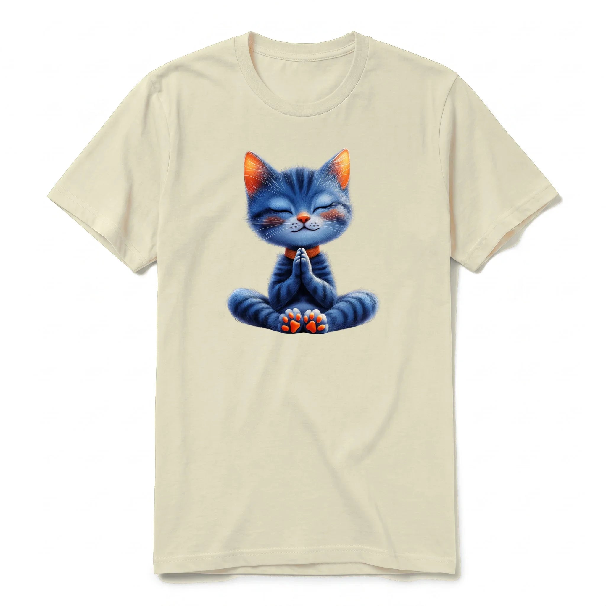 A latte short-sleeve crewneck t-shirt for adult featuring a graphic of a cat on the front.