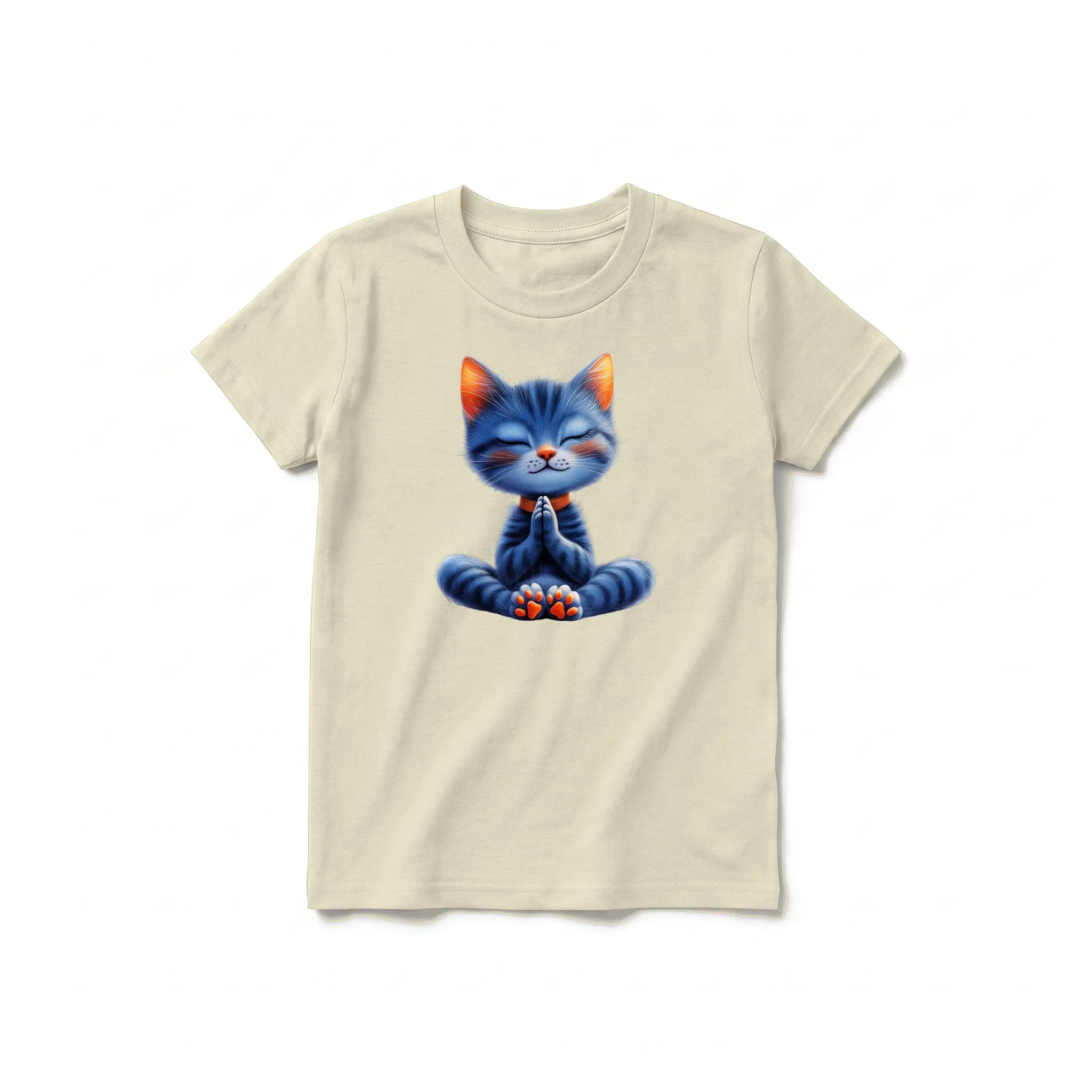 A latte short-sleeve crewneck t-shirt for youth featuring a graphic of a cat on the front.