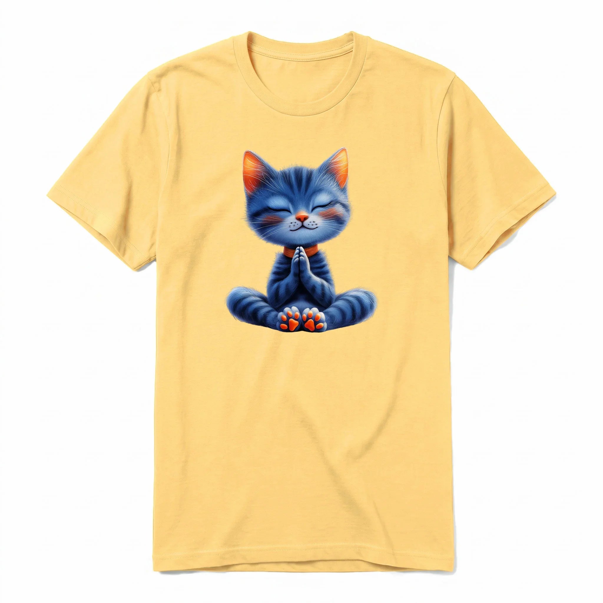 A mustard short-sleeve crewneck t-shirt for adult featuring a graphic of a cat on the front.
