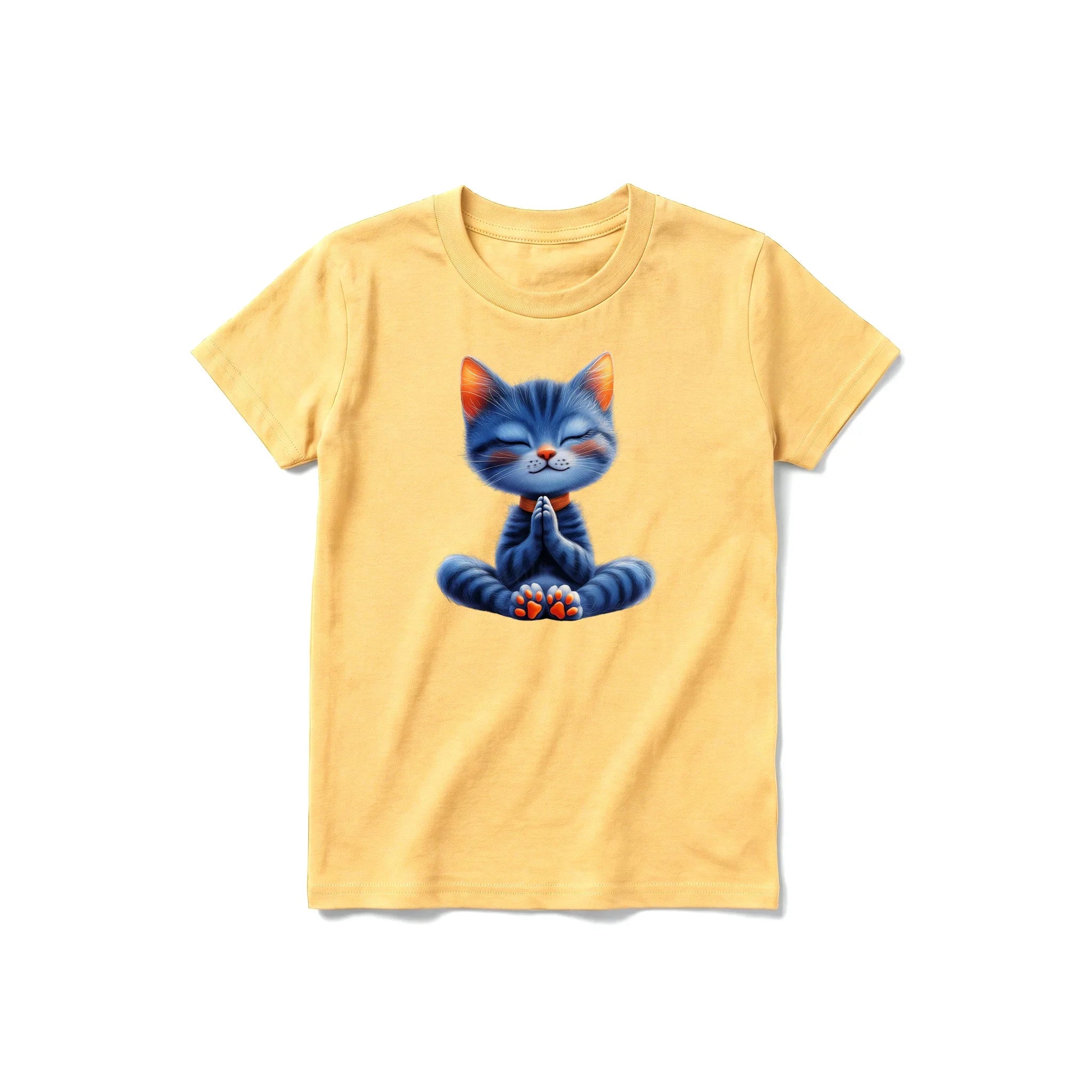 A mustard short-sleeve crewneck t-shirt for youth featuring a graphic of a cat on the front.