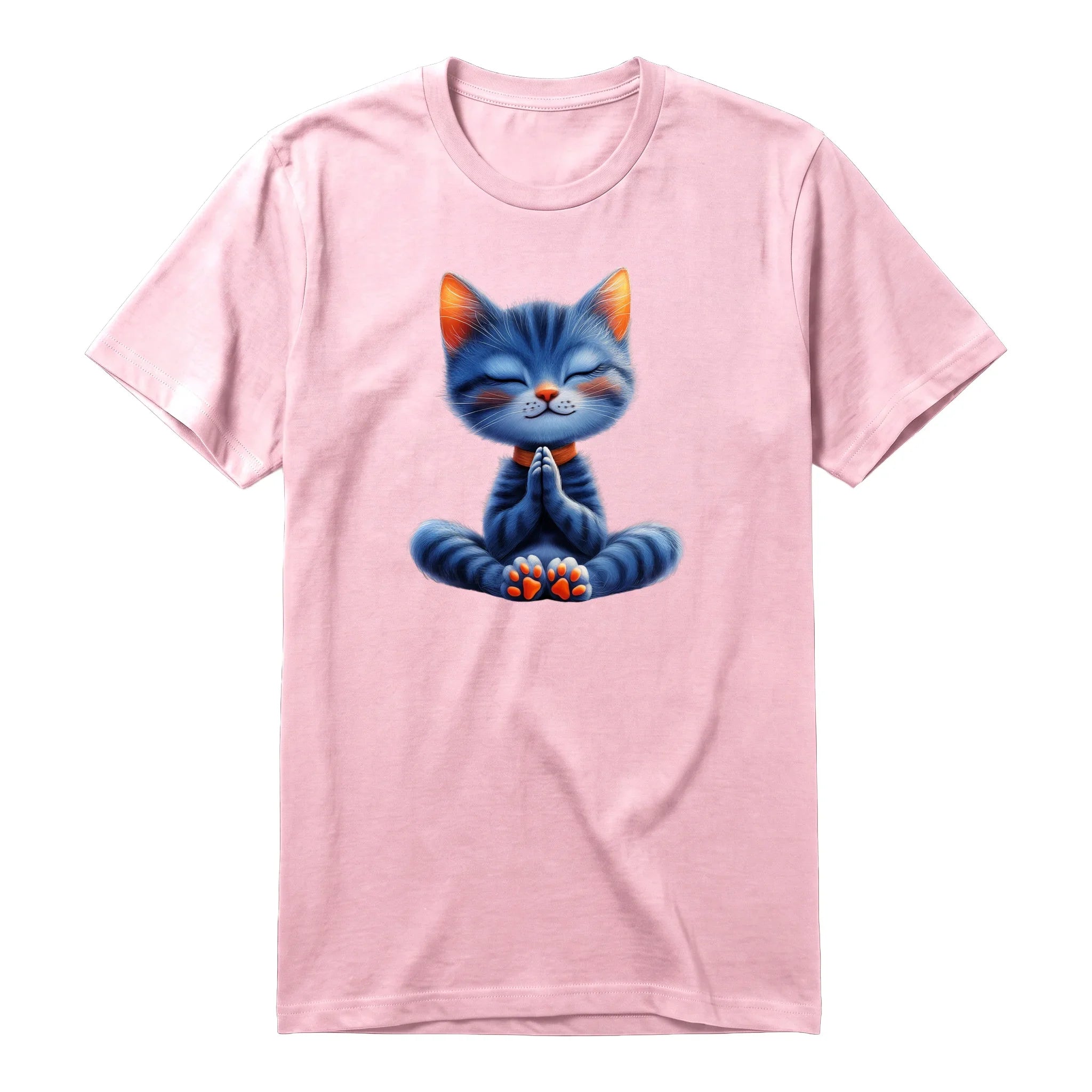 A pink short-sleeve crewneck t-shirt for adult featuring a graphic of a cat on the front.