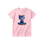 A pink short-sleeve crewneck t-shirt for youth featuring a graphic of a cat on the front.