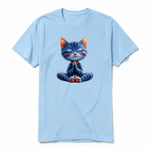 A powder short-sleeve crewneck t-shirt for adult featuring a graphic of a cat on the front.