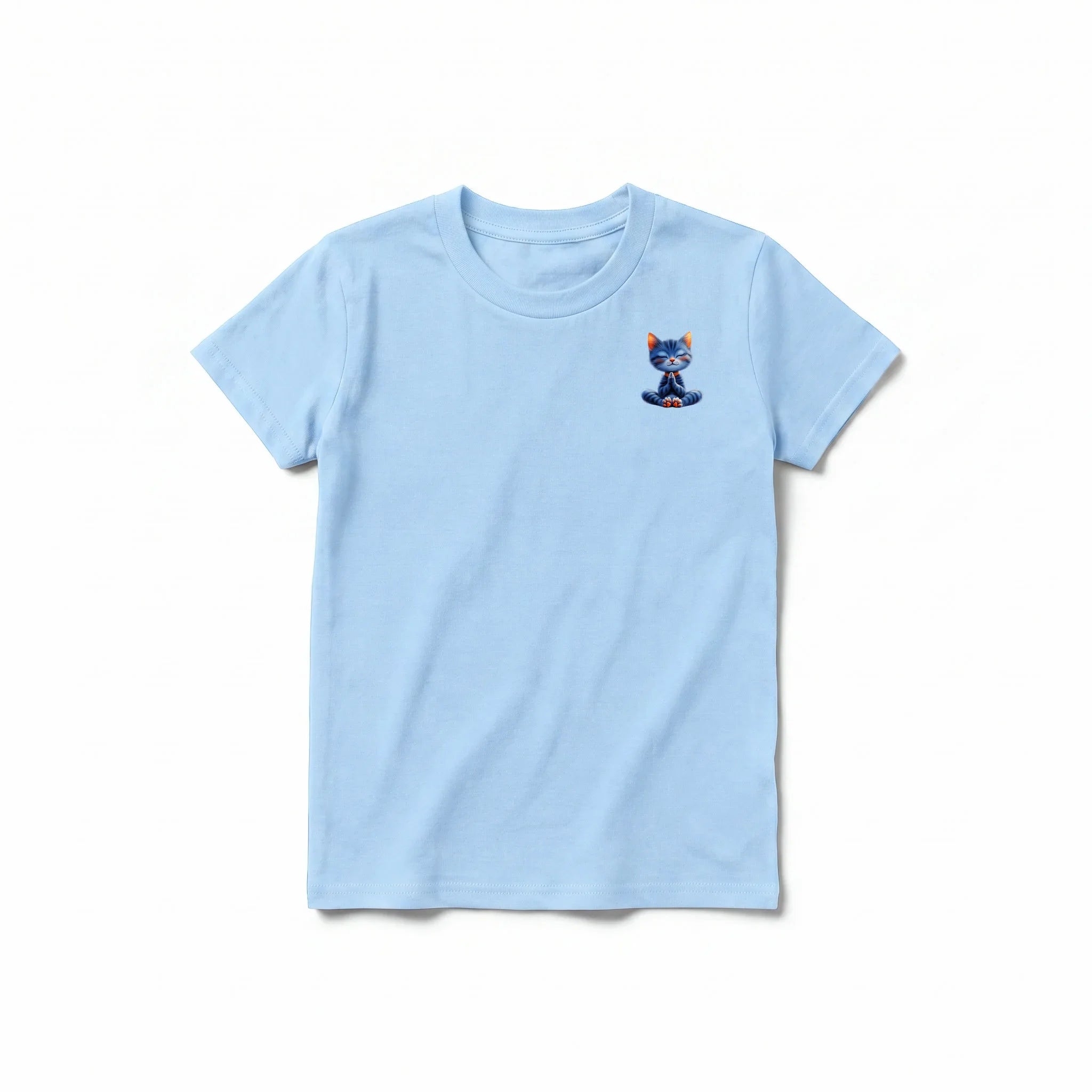 A powder short-sleeve crewneck t-shirt for youth featuring a graphic of a cat on the left chest.