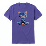 A purple short-sleeve crewneck t-shirt for adult featuring a graphic of a cat on the front.