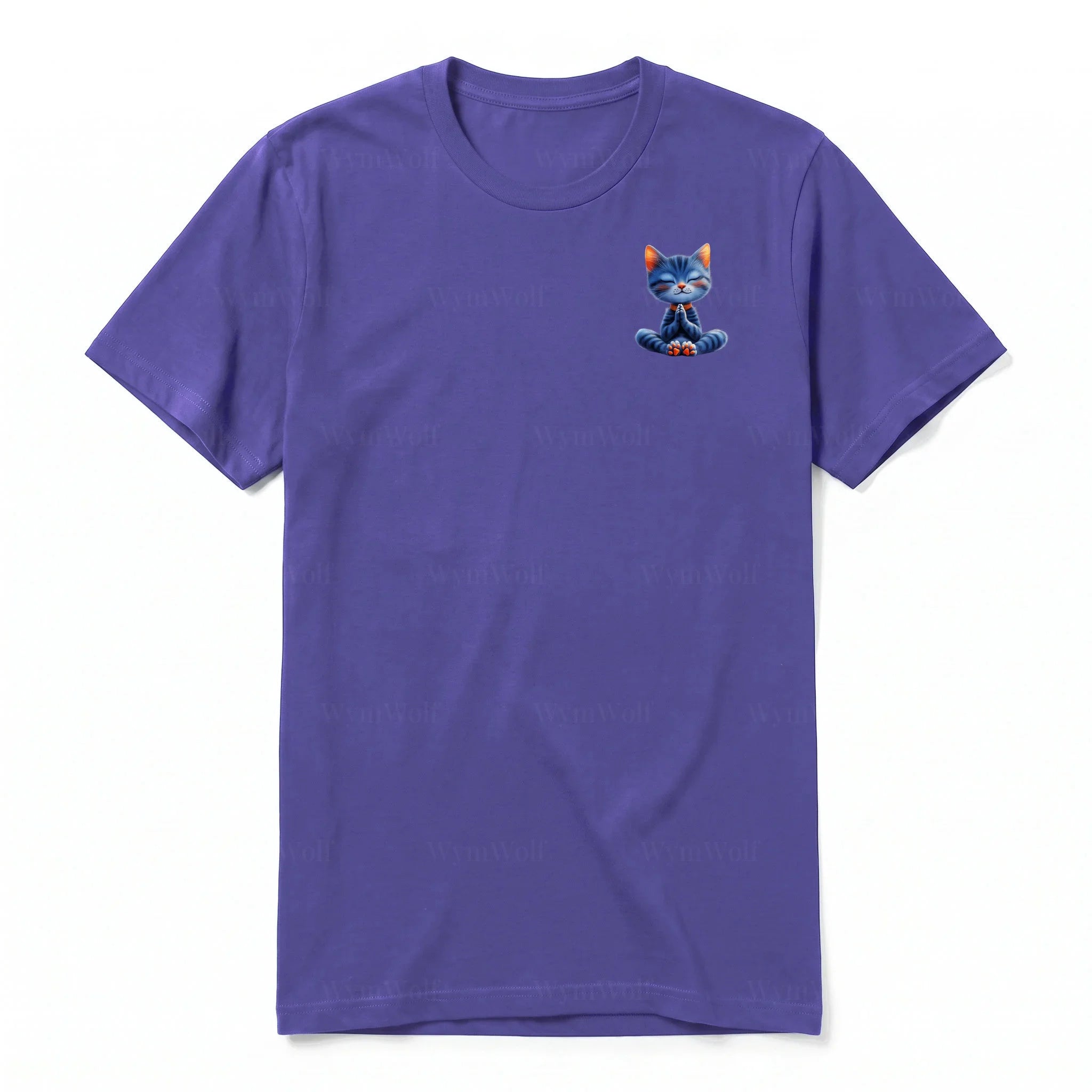 A purple short-sleeve crewneck t-shirt for adult featuring a graphic of a cat on the left chest.