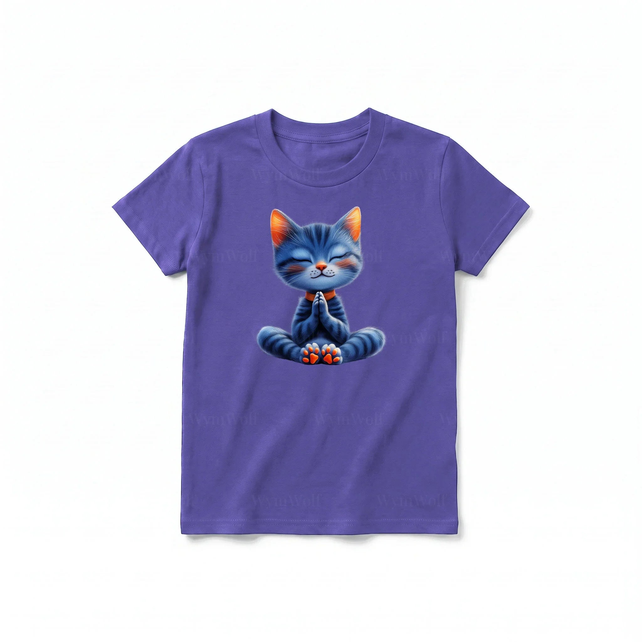 A purple short-sleeve crewneck t-shirt for youth featuring a graphic of a cat on the front.