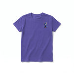 A purple short-sleeve crewneck t-shirt for youth featuring a graphic of a cat on the left chest.