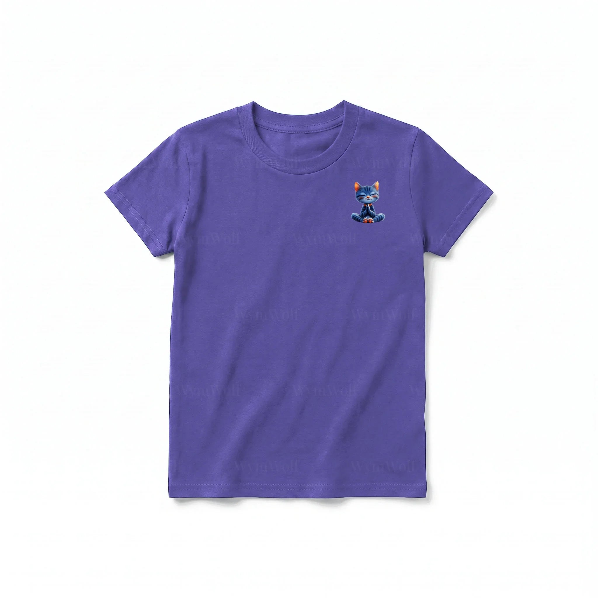 A purple short-sleeve crewneck t-shirt for youth featuring a graphic of a cat on the left chest.