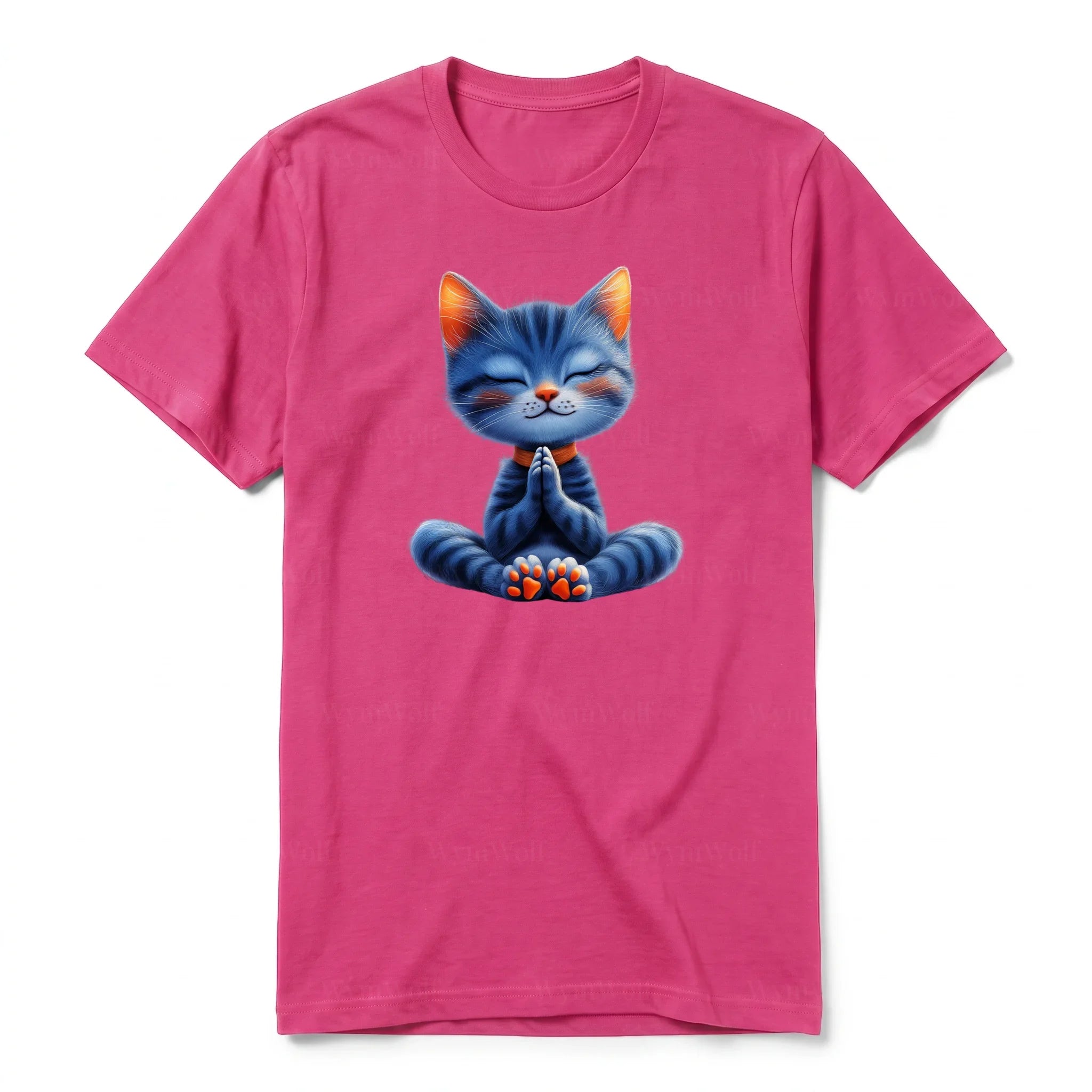 A raspberry short-sleeve crewneck t-shirt for adult featuring a graphic of a cat on the front.