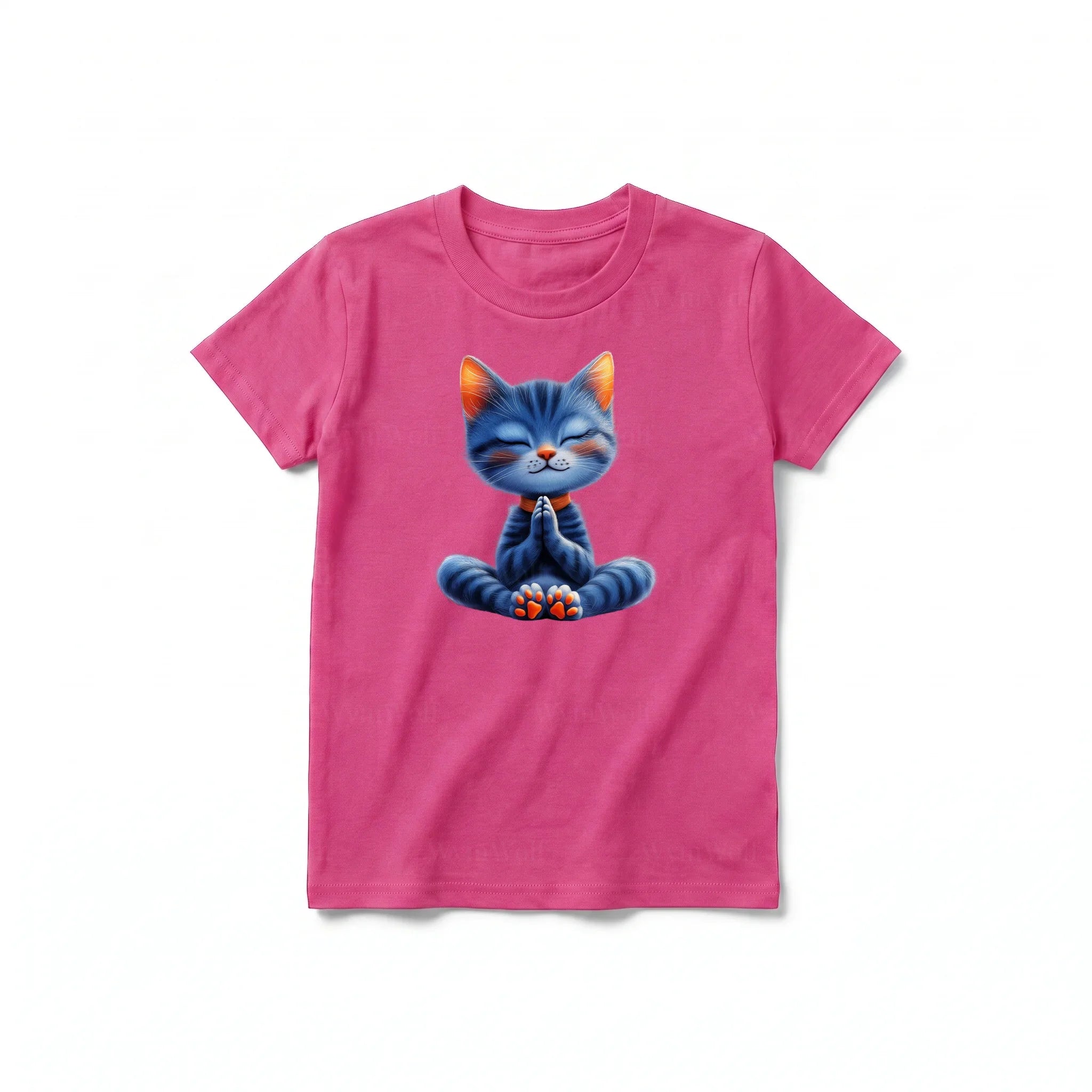 A raspberry short-sleeve crewneck t-shirt for youth featuring a graphic of a cat on the front.