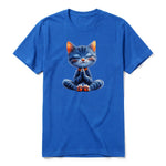 A royal short-sleeve crewneck t-shirt for adult featuring a graphic of a cat on the front.