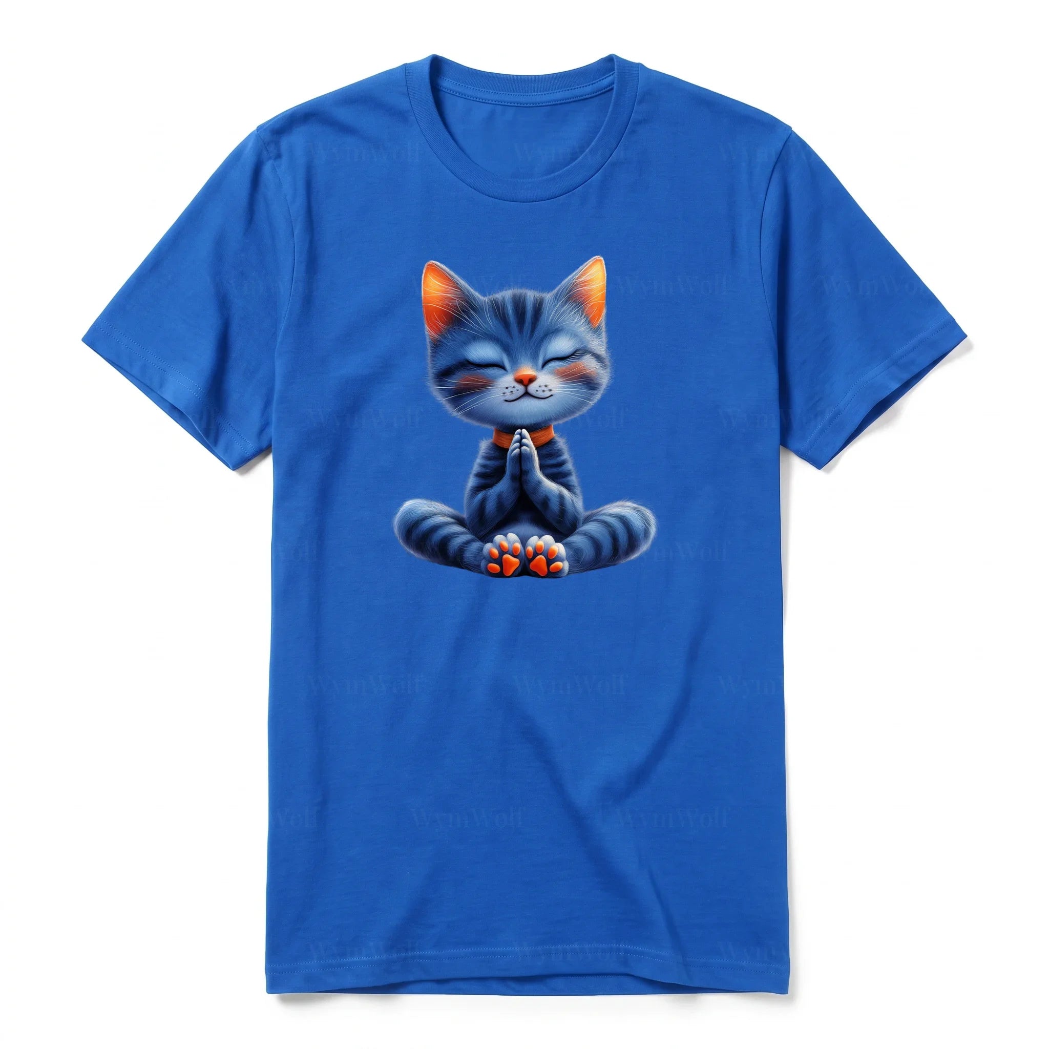 A royal short-sleeve crewneck t-shirt for adult featuring a graphic of a cat on the front.