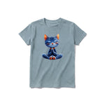 A sage short-sleeve crewneck t-shirt for youth featuring a graphic of a cat on the front.