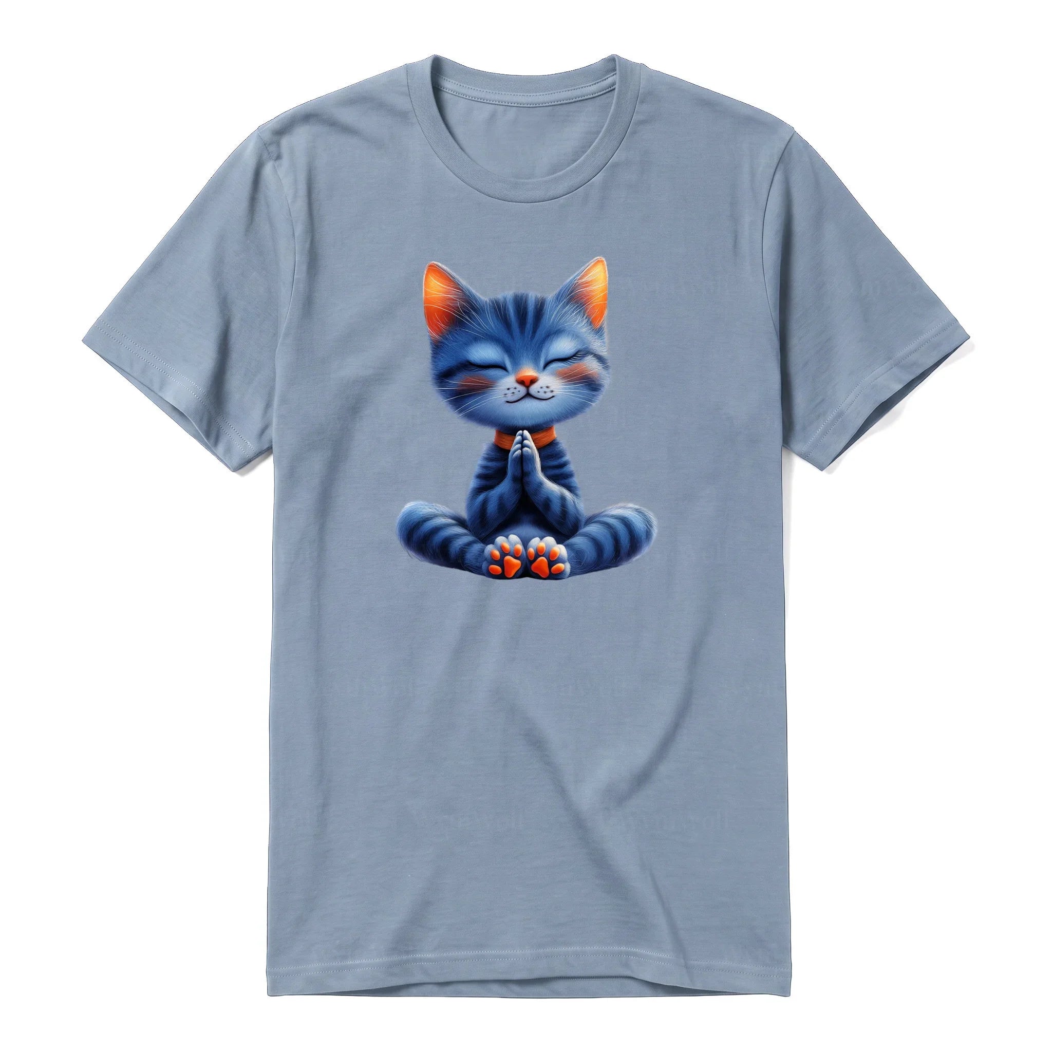 A steel-blue short-sleeve crewneck t-shirt for adult featuring a graphic of a cat on the front.