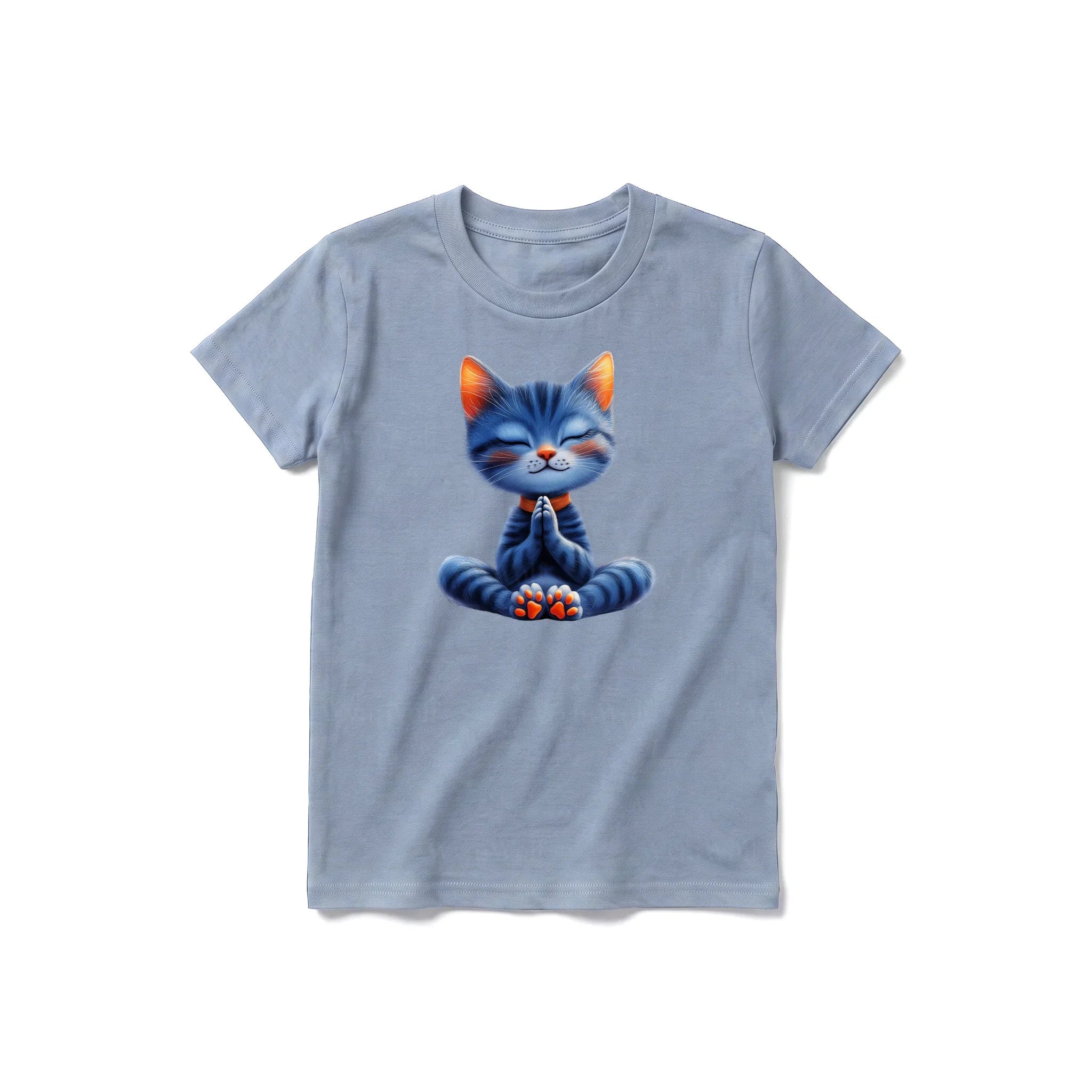A steel-blue short-sleeve crewneck t-shirt for youth featuring a graphic of a cat on the front.