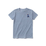A steel-blue short-sleeve crewneck t-shirt for youth featuring a graphic of a cat on the left chest.