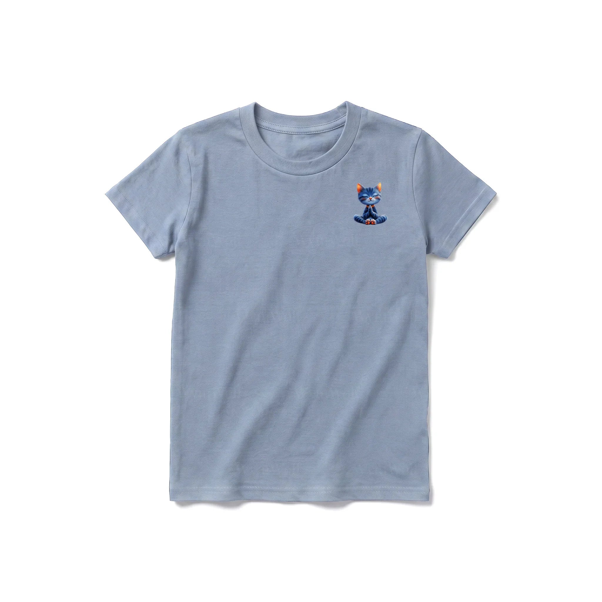 A steel-blue short-sleeve crewneck t-shirt for youth featuring a graphic of a cat on the left chest.