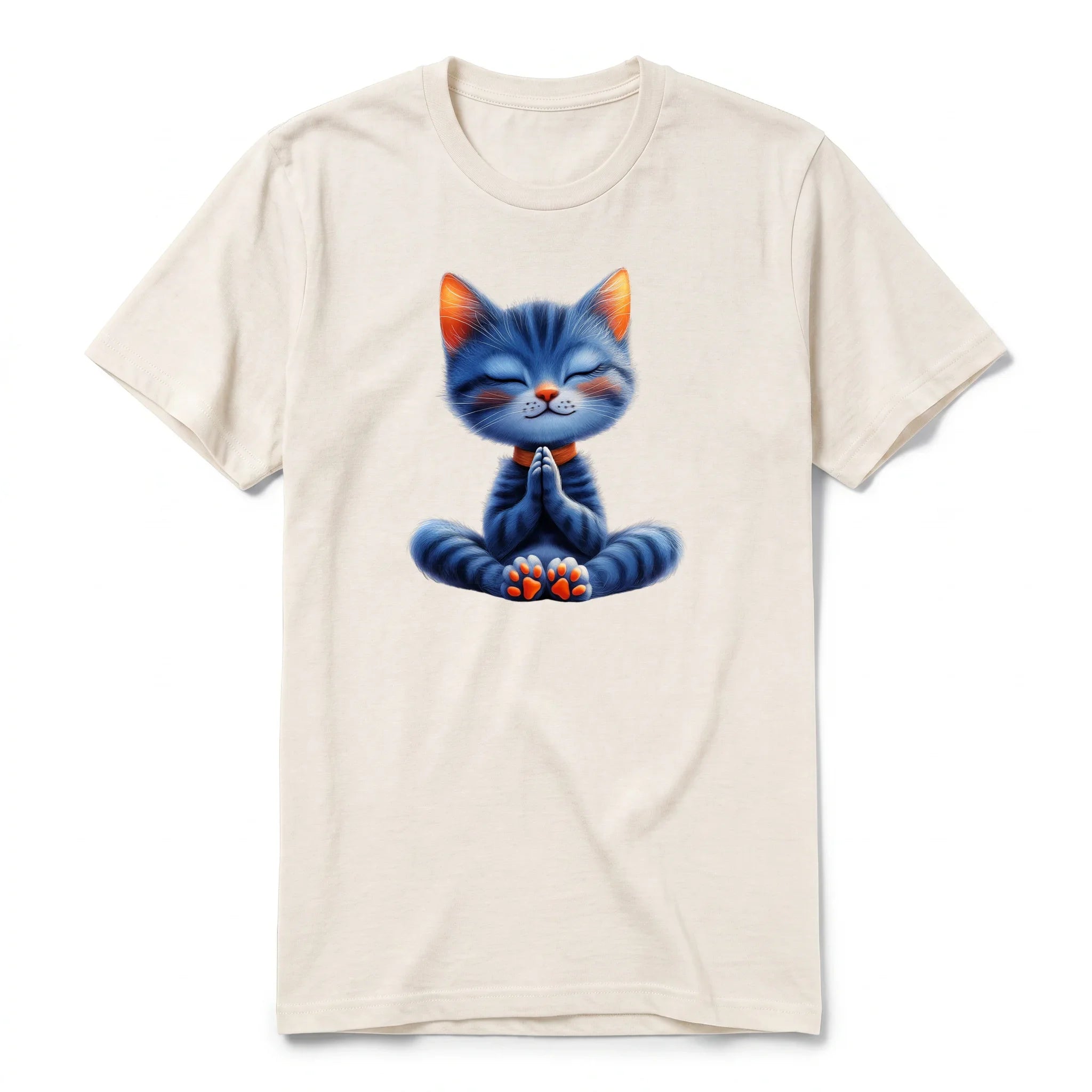 A vintage-white short-sleeve crewneck t-shirt for adult featuring a graphic of a cat on the front.