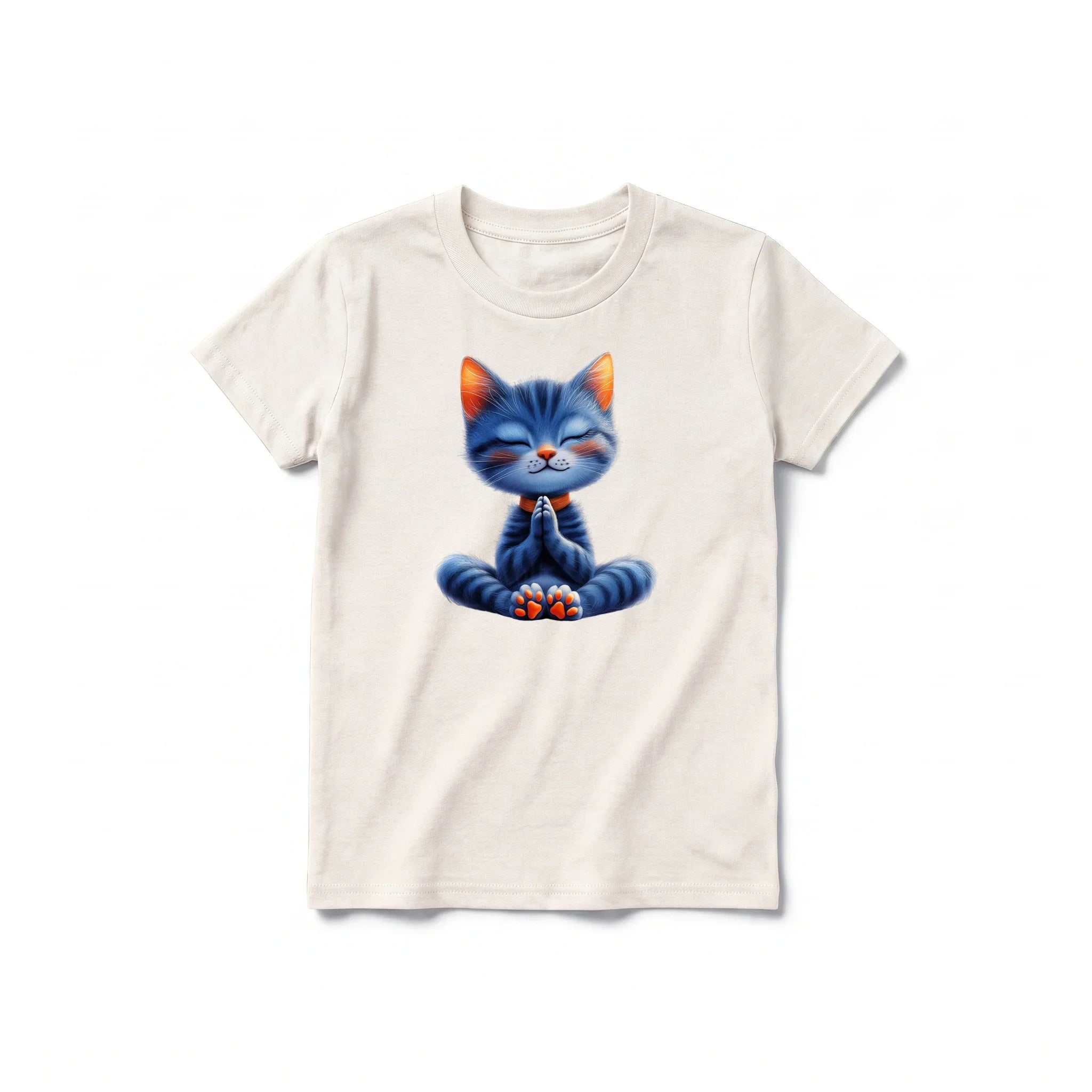 A vintage-white short-sleeve crewneck t-shirt for youth featuring a graphic of a cat on the front.