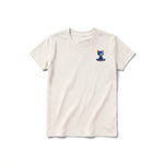 A vintage-white short-sleeve crewneck t-shirt for youth featuring a graphic of a cat on the left chest.
