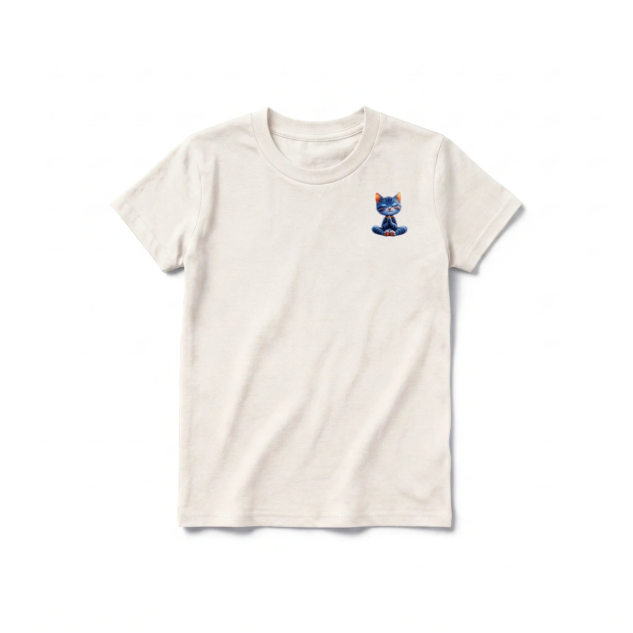 A vintage-white short-sleeve crewneck t-shirt for youth featuring a graphic of a cat on the left chest.
