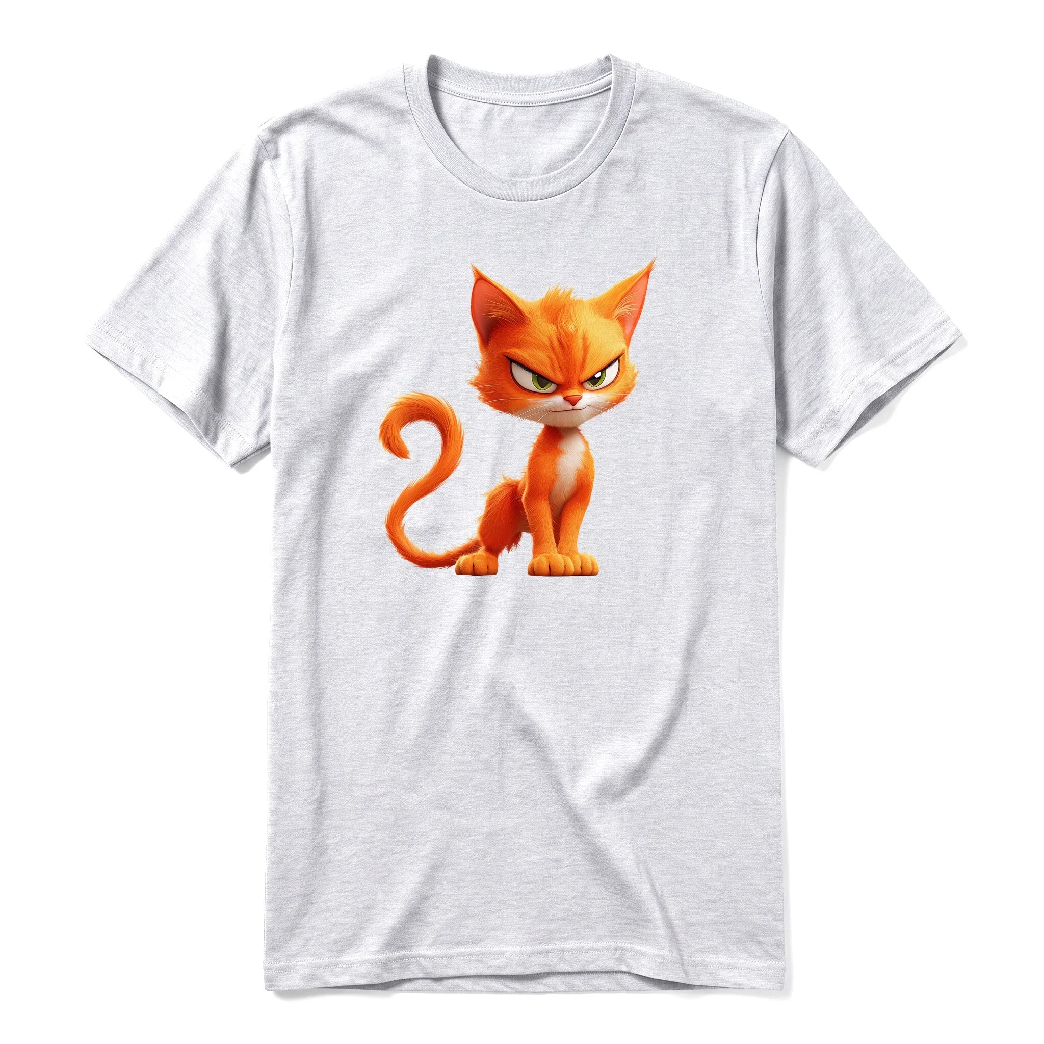 A ash grey short-sleeve crewneck t-shirt for adult featuring a graphic of a cat on the front.