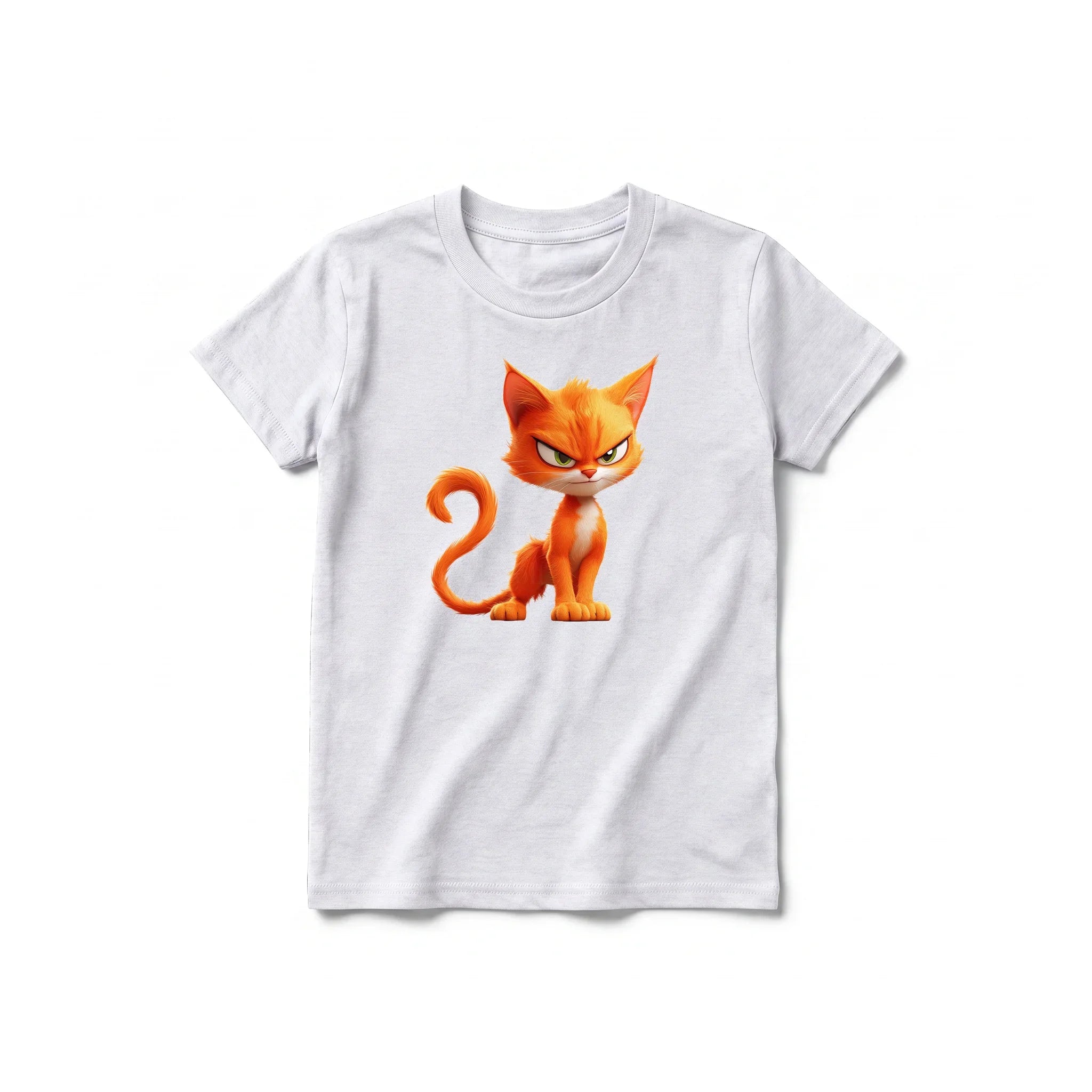 A ash grey short-sleeve crewneck t-shirt for youth featuring a graphic of a cat on the front.