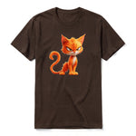 A chocolate short-sleeve crewneck t-shirt for adult featuring a graphic of a cat on the front.