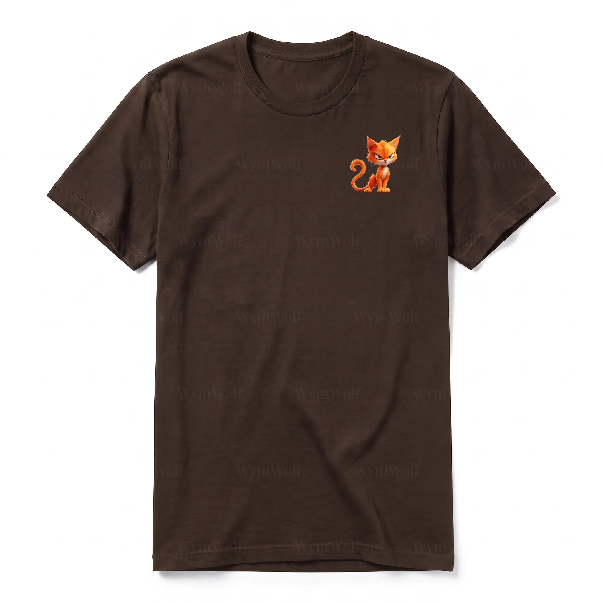 A chocolate short-sleeve crewneck t-shirt for adult featuring a graphic of a cat on the left chest.