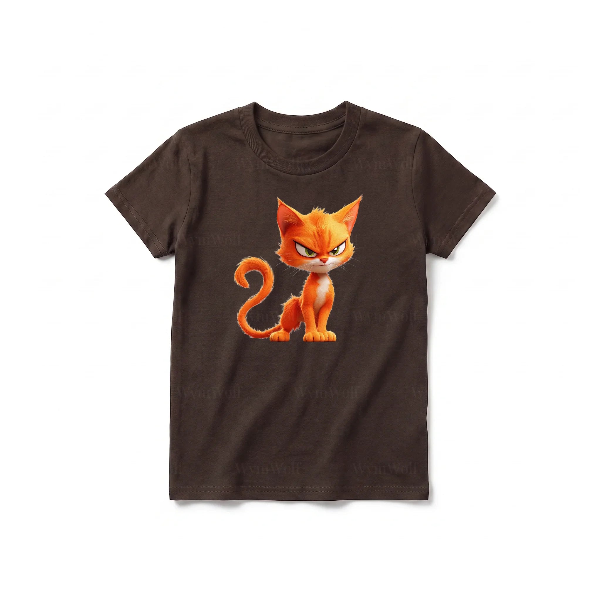 A chocolate short-sleeve crewneck t-shirt for youth featuring a graphic of a cat on the front.
