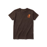 A chocolate short-sleeve crewneck t-shirt for youth featuring a graphic of a cat on the left chest.