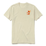 A latte short-sleeve crewneck t-shirt for adult featuring a graphic of a cat on the left chest.