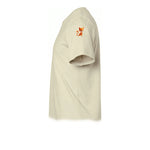 A latte short-sleeve crewneck t-shirt  featuring a small graphic of a cat on the upper left sleeve.