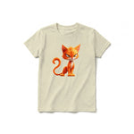 A latte short-sleeve crewneck t-shirt for youth featuring a graphic of a cat on the front.