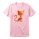 A pink short-sleeve crewneck t-shirt for adult featuring a graphic of a cat on the front.