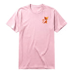 A pink short-sleeve crewneck t-shirt for adult featuring a graphic of a cat on the left chest.