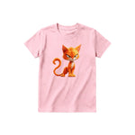 A pink short-sleeve crewneck t-shirt for youth featuring a graphic of a cat on the front.