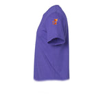 A purple short-sleeve crewneck t-shirt  featuring a small graphic of a cat on the upper left sleeve.