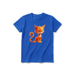 A royal short-sleeve crewneck t-shirt for youth featuring a graphic of a cat on the front.
