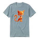 A sage short-sleeve crewneck t-shirt for adult featuring a graphic of a cat on the front.
