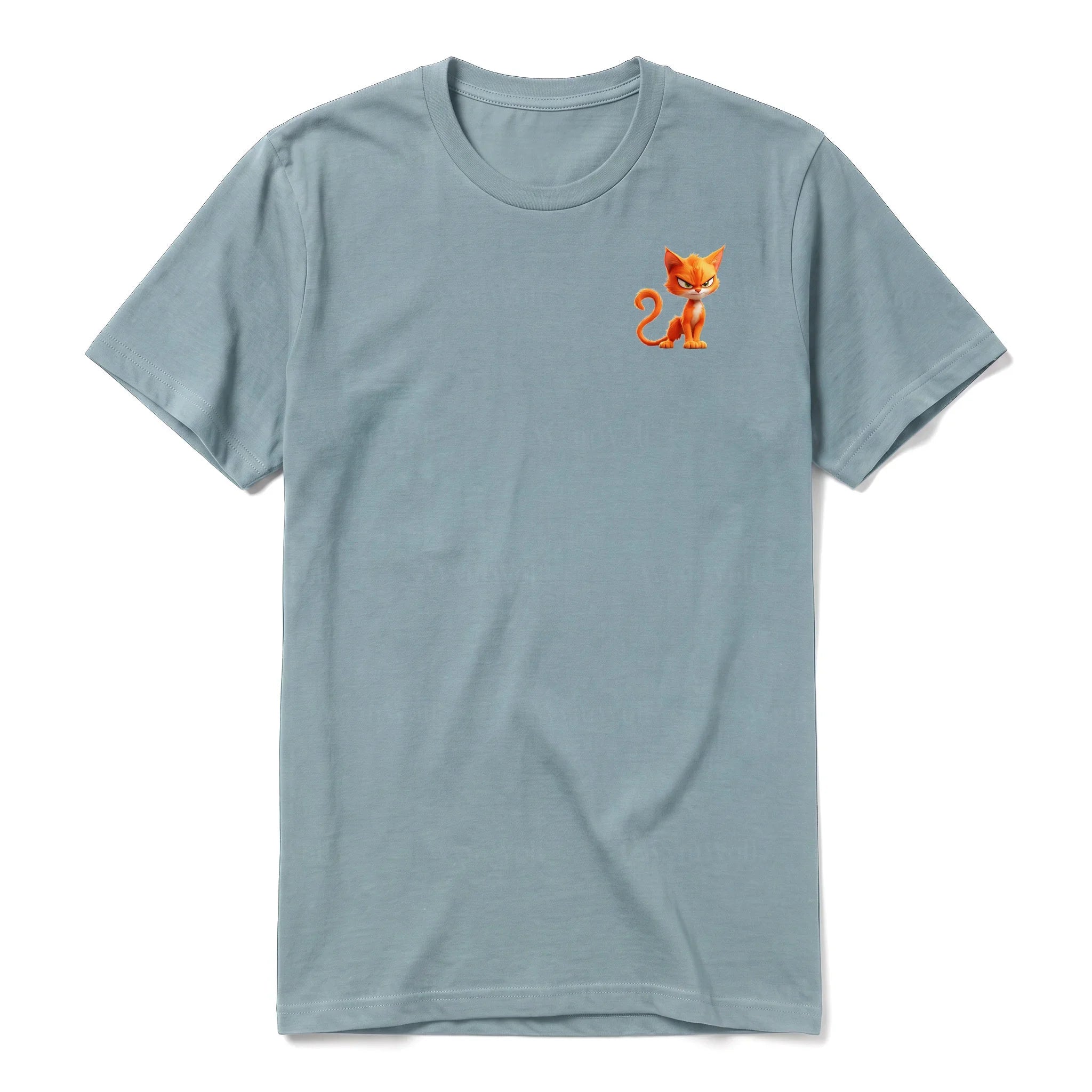 A sage short-sleeve crewneck t-shirt for adult featuring a graphic of a cat on the left chest.