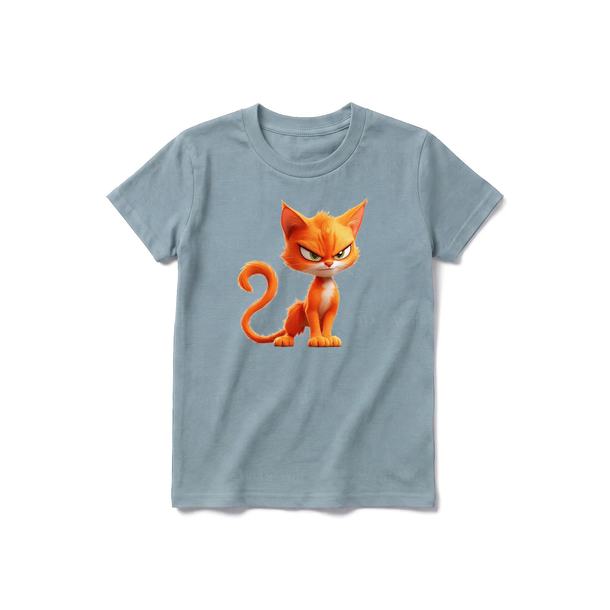A sage short-sleeve crewneck t-shirt for youth featuring a graphic of a cat on the front.