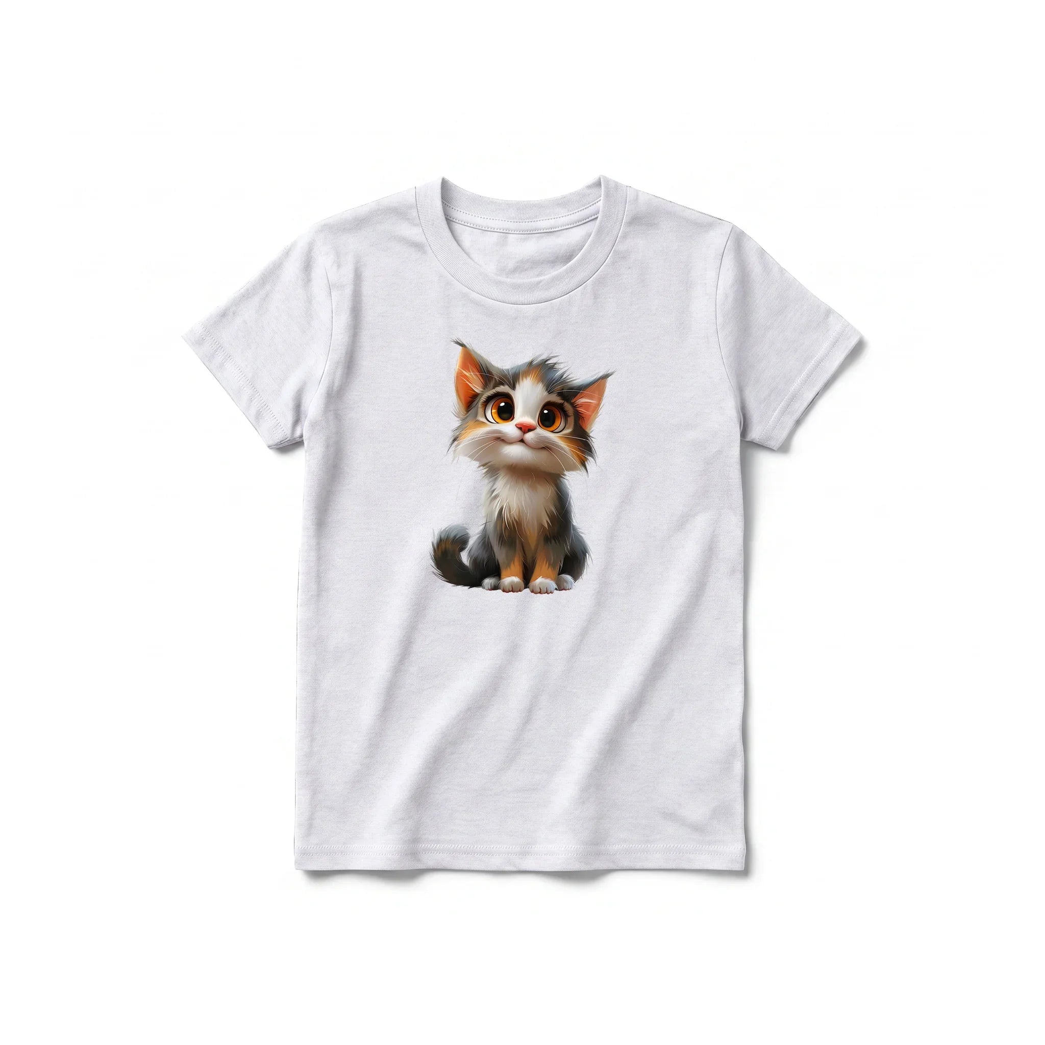 A ash grey short-sleeve crewneck t-shirt for youth featuring a graphic of a cat on the front.