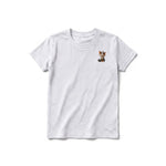 A ash grey short-sleeve crewneck t-shirt for youth featuring a graphic of a cat on the left chest.