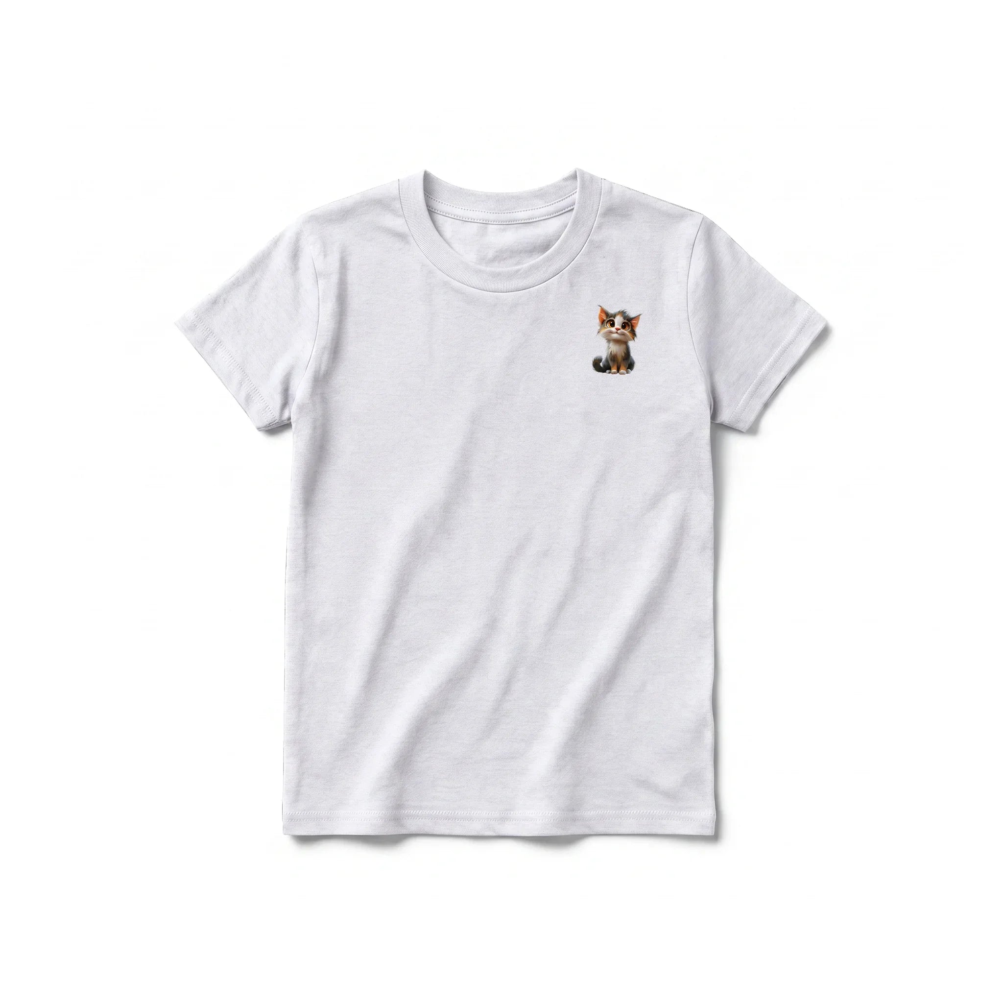 A ash grey short-sleeve crewneck t-shirt for youth featuring a graphic of a cat on the left chest.