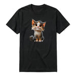 A black short-sleeve crewneck t-shirt for adult featuring a graphic of a cat on the front.