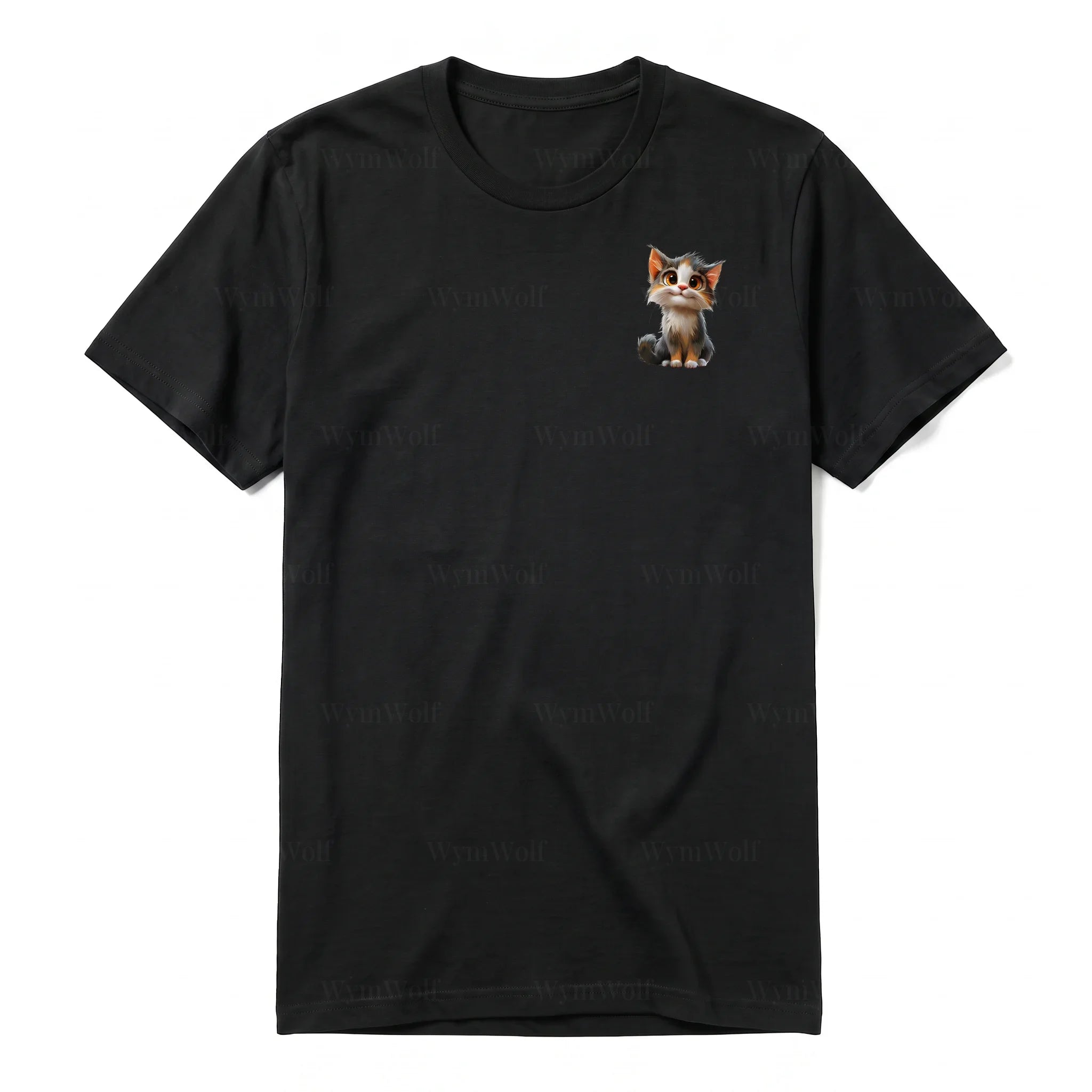 A black short-sleeve crewneck t-shirt for adult featuring a graphic of a cat on the left chest.
