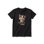 A black short-sleeve crewneck t-shirt for youth featuring a graphic of a cat on the front.
