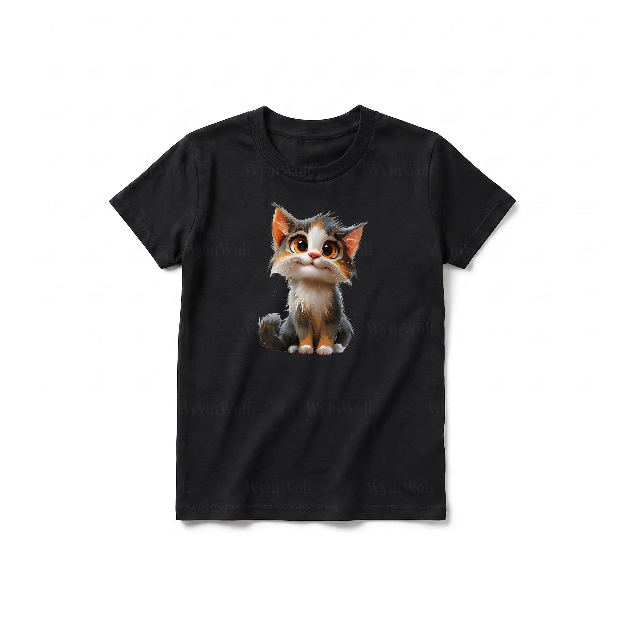A black short-sleeve crewneck t-shirt for youth featuring a graphic of a cat on the front.